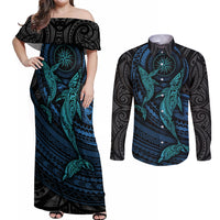 Polynesian Whale Couples Matching Off Shoulder Maxi Dress and Long Sleeve Button Shirts - Wonder Print Shop