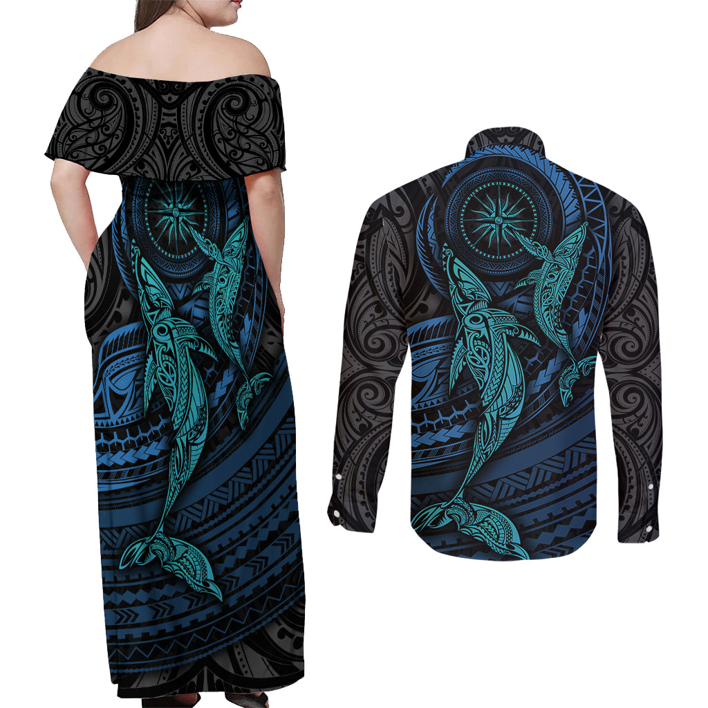 Polynesian Whale Couples Matching Off Shoulder Maxi Dress and Long Sleeve Button Shirts - Wonder Print Shop