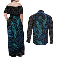 Polynesian Whale Couples Matching Off Shoulder Maxi Dress and Long Sleeve Button Shirts - Wonder Print Shop