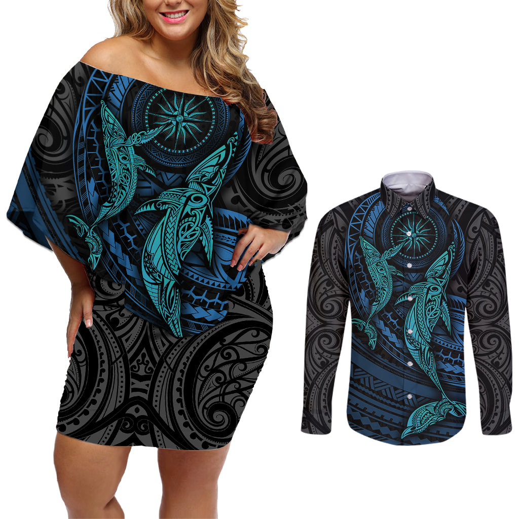 Polynesian Whale Couples Matching Off Shoulder Short Dress and Long Sleeve Button Shirts - Wonder Print Shop