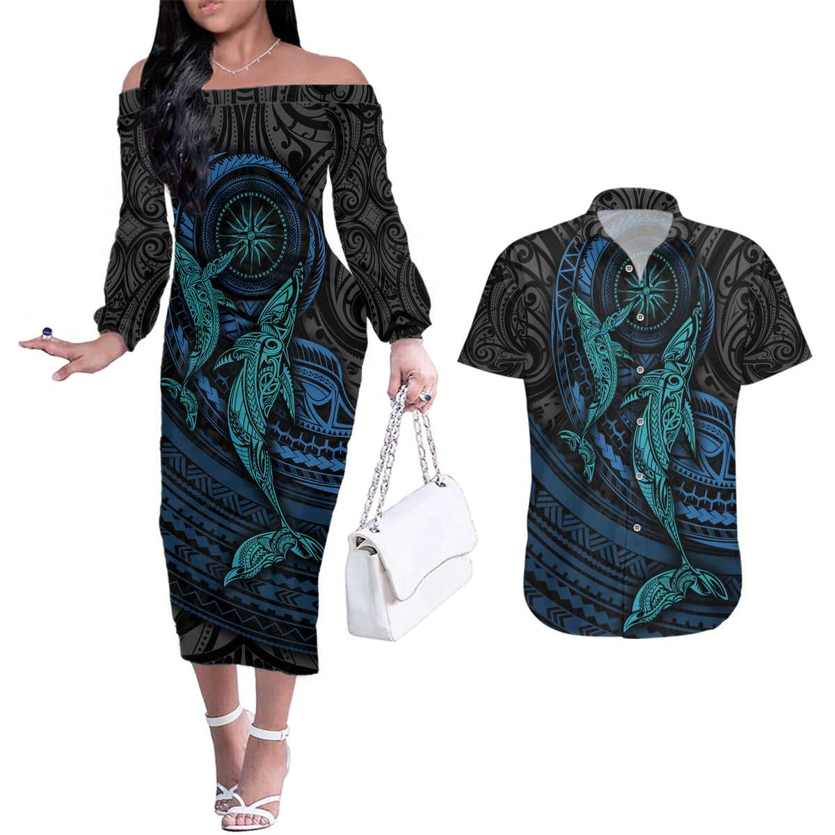 Polynesian Whale Couples Matching Off The Shoulder Long Sleeve Dress and Hawaiian Shirt - Wonder Print Shop