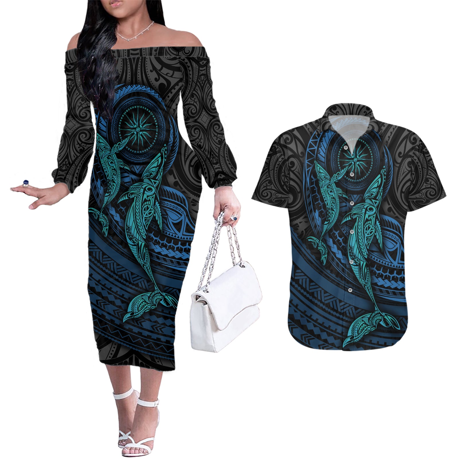 Polynesian Whale Couples Matching Off The Shoulder Long Sleeve Dress and Hawaiian Shirt - Wonder Print Shop