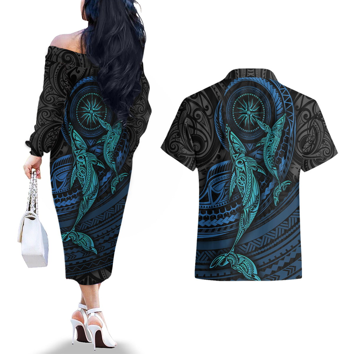 Polynesian Whale Couples Matching Off The Shoulder Long Sleeve Dress and Hawaiian Shirt - Wonder Print Shop
