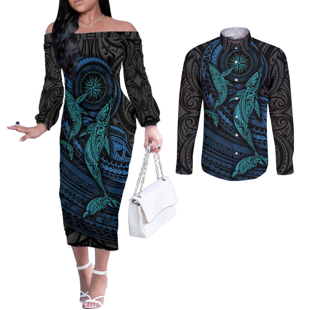 polynesian-whale-couples-matching-off-the-shoulder-long-sleeve-dress-and-long-sleeve-button-shirts