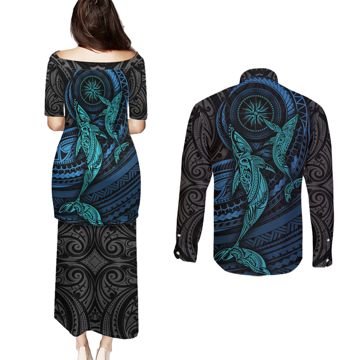 Polynesian Whale Couples Matching Puletasi Dress and Long Sleeve Button Shirts - Wonder Print Shop