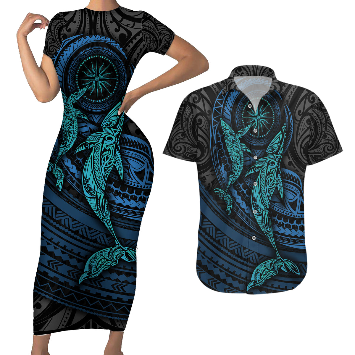 Polynesian Whale Couples Matching Short Sleeve Bodycon Dress and Hawaiian Shirt - Wonder Print Shop