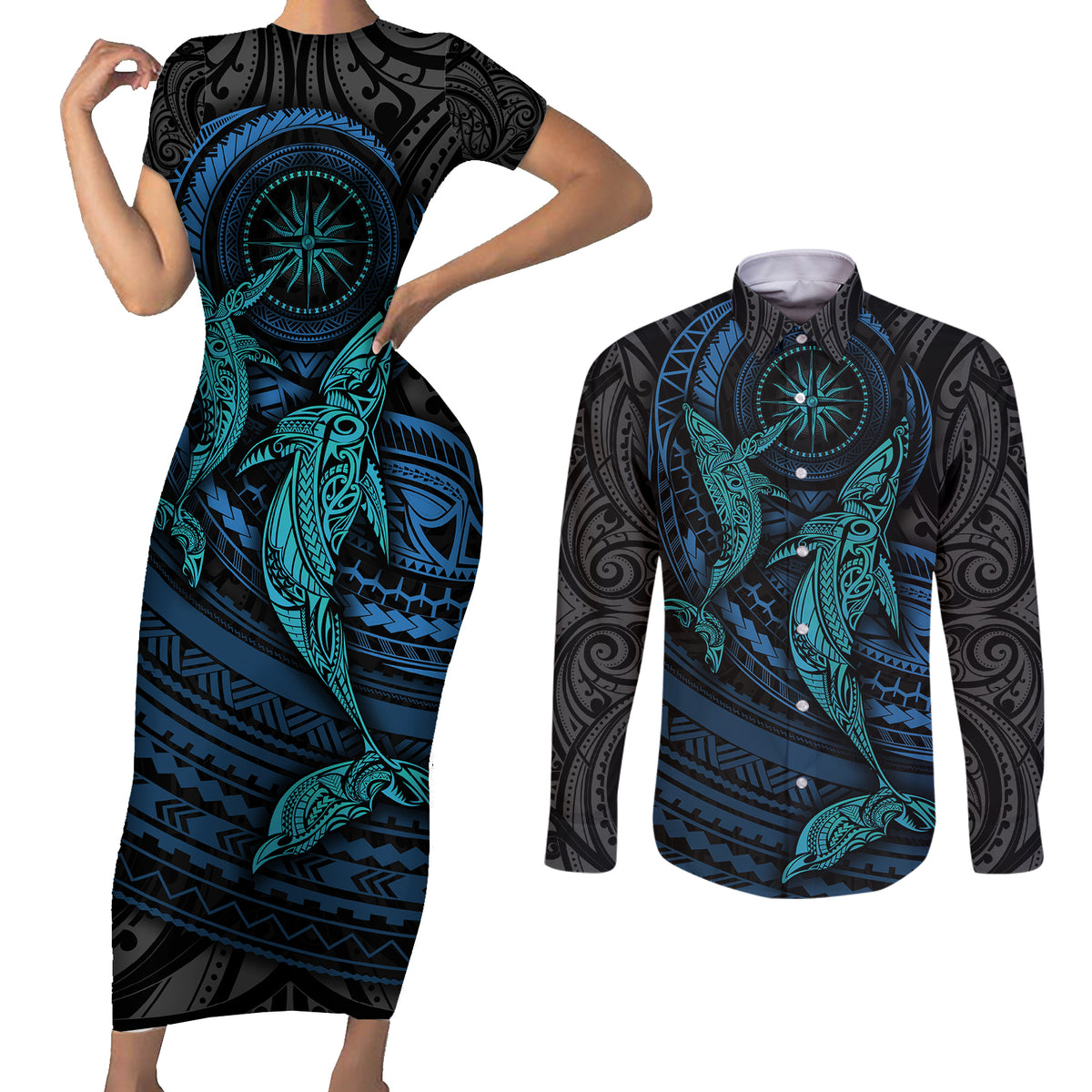 Polynesian Whale Couples Matching Short Sleeve Bodycon Dress and Long Sleeve Button Shirts - Wonder Print Shop