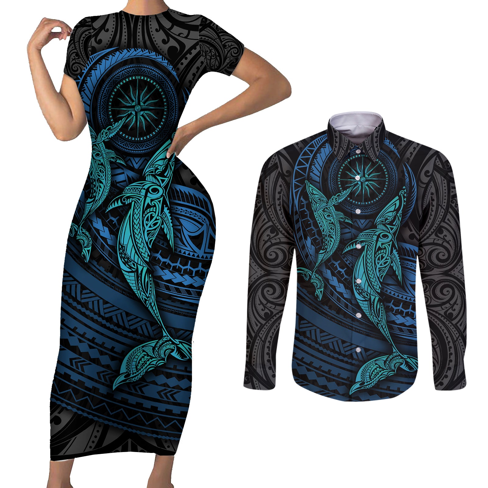 Polynesian Whale Couples Matching Short Sleeve Bodycon Dress and Long Sleeve Button Shirts - Wonder Print Shop