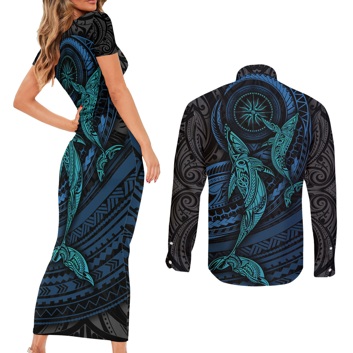 Polynesian Whale Couples Matching Short Sleeve Bodycon Dress and Long Sleeve Button Shirts - Wonder Print Shop
