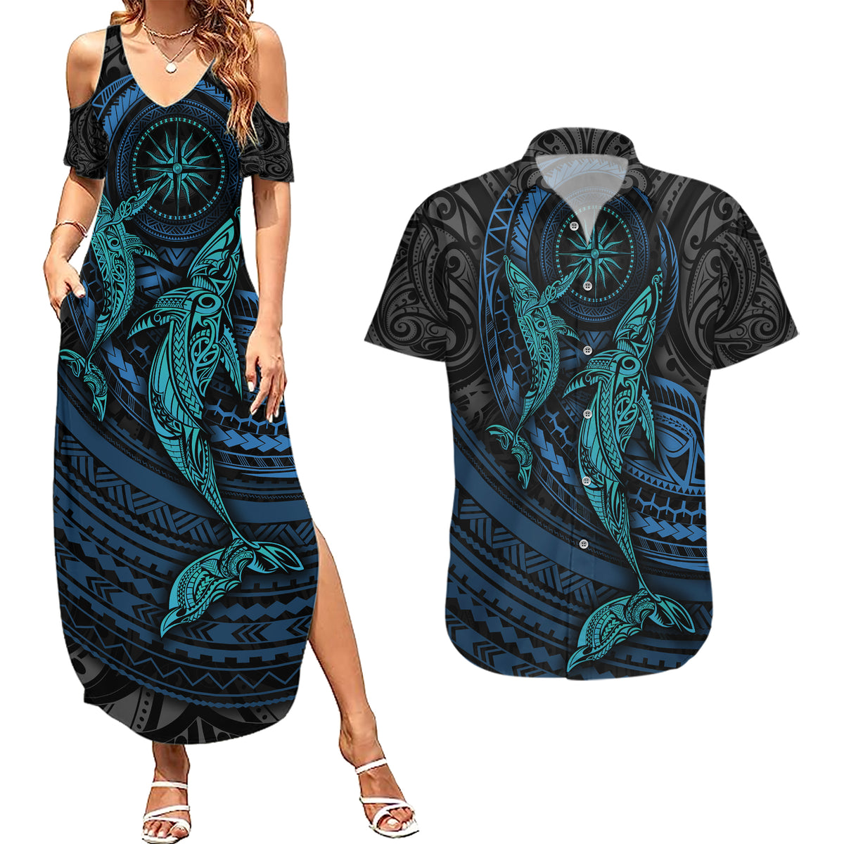 Polynesian Whale Couples Matching Summer Maxi Dress and Hawaiian Shirt - Wonder Print Shop