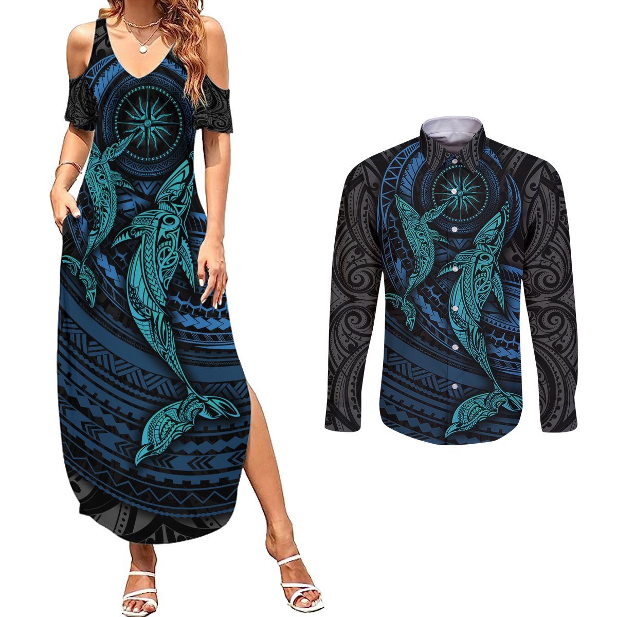 Polynesian Whale Couples Matching Summer Maxi Dress and Long Sleeve Button Shirts - Wonder Print Shop