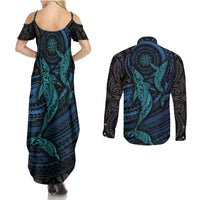 Polynesian Whale Couples Matching Summer Maxi Dress and Long Sleeve Button Shirts - Wonder Print Shop