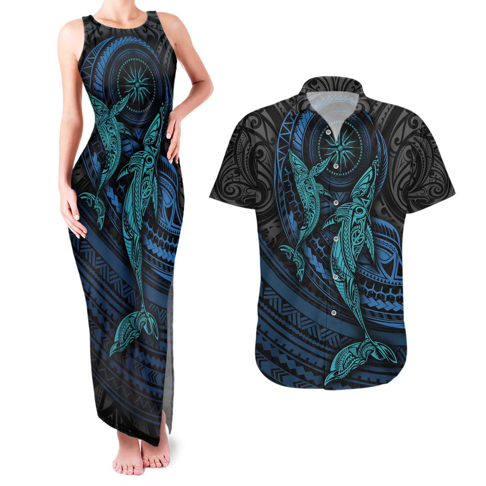 Polynesian Whale Couples Matching Tank Maxi Dress and Hawaiian Shirt - Wonder Print Shop