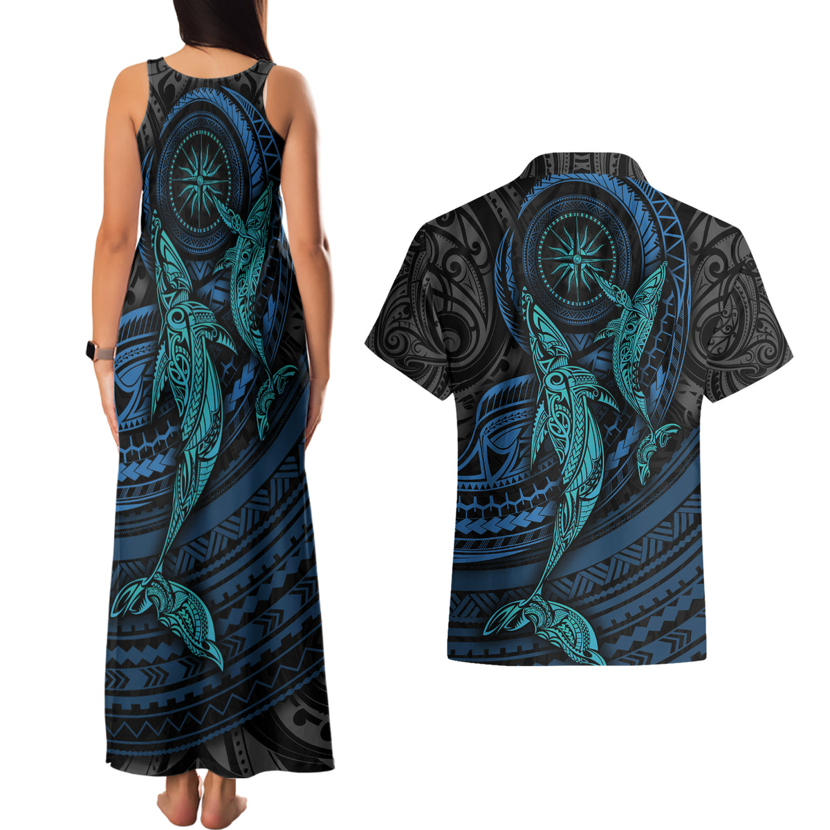 Polynesian Whale Couples Matching Tank Maxi Dress and Hawaiian Shirt - Wonder Print Shop