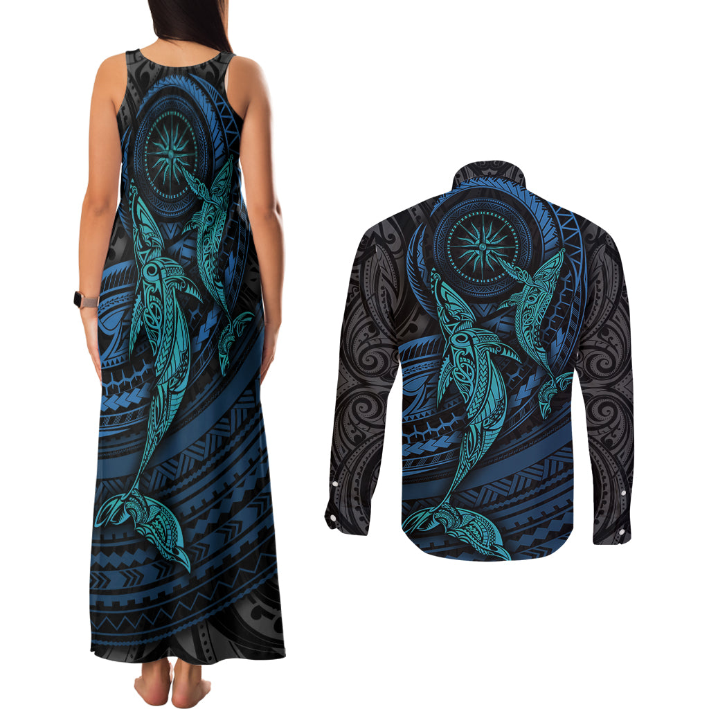 Polynesian Whale Couples Matching Tank Maxi Dress and Long Sleeve Button Shirts - Wonder Print Shop