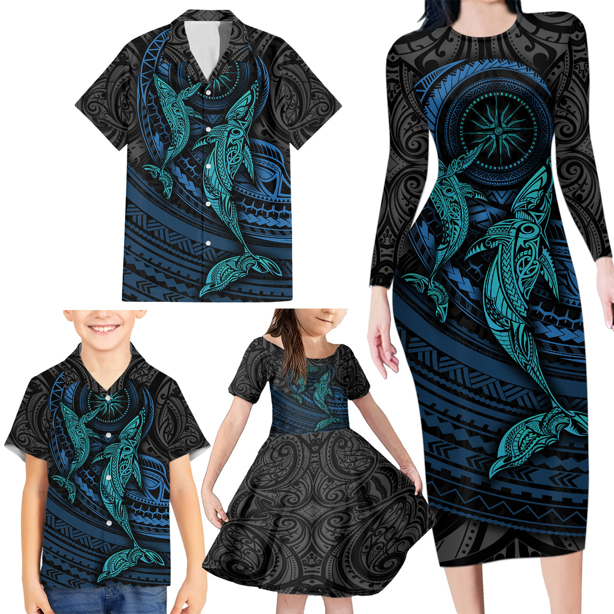 Polynesian Whale Family Matching Long Sleeve Bodycon Dress and Hawaiian Shirt - Wonder Print Shop