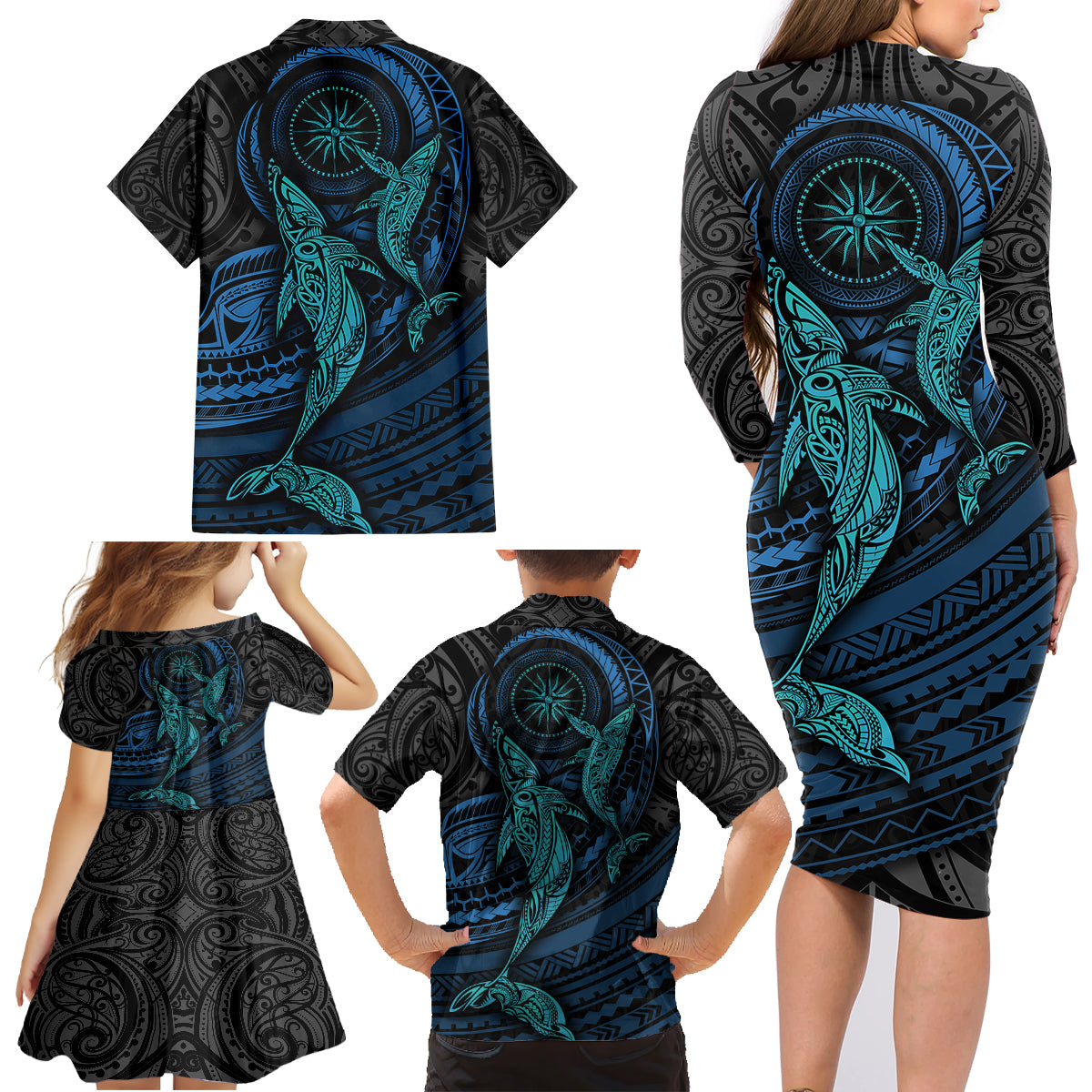 Polynesian Whale Family Matching Long Sleeve Bodycon Dress and Hawaiian Shirt - Wonder Print Shop