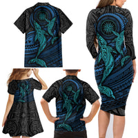 Polynesian Whale Family Matching Long Sleeve Bodycon Dress and Hawaiian Shirt - Wonder Print Shop