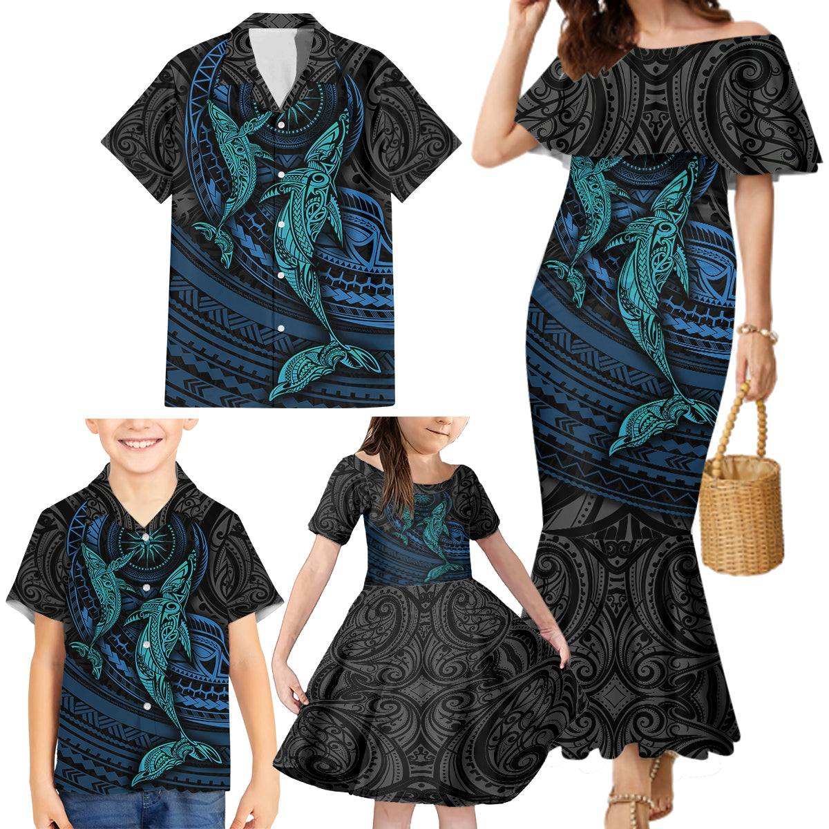 Polynesian Whale Family Matching Mermaid Dress and Hawaiian Shirt - Wonder Print Shop