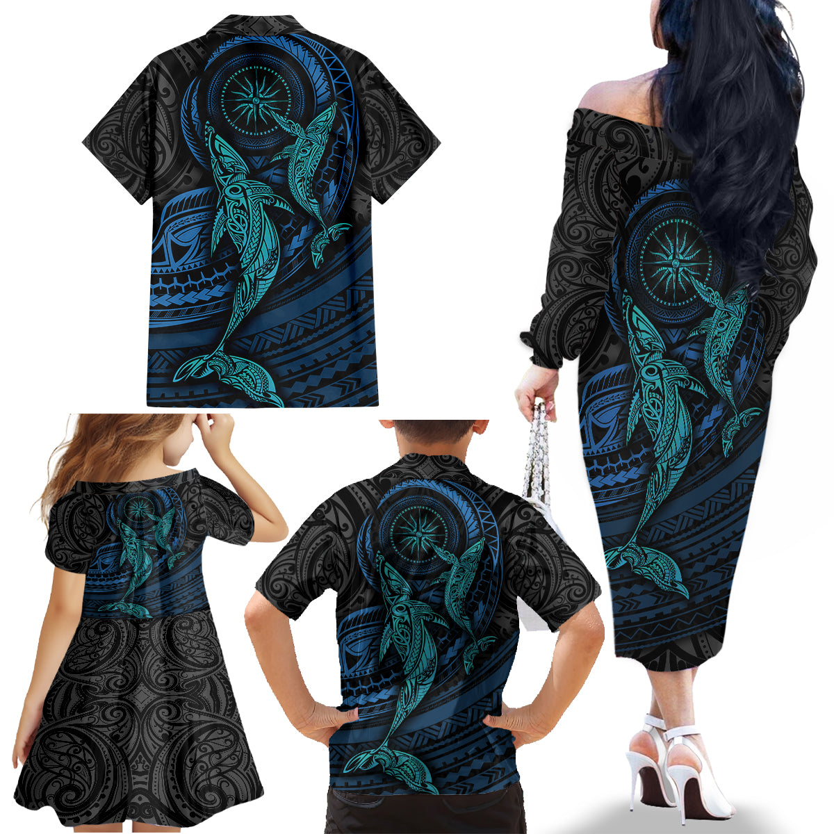 Polynesian Whale Family Matching Off Shoulder Long Sleeve Dress and Hawaiian Shirt - Wonder Print Shop