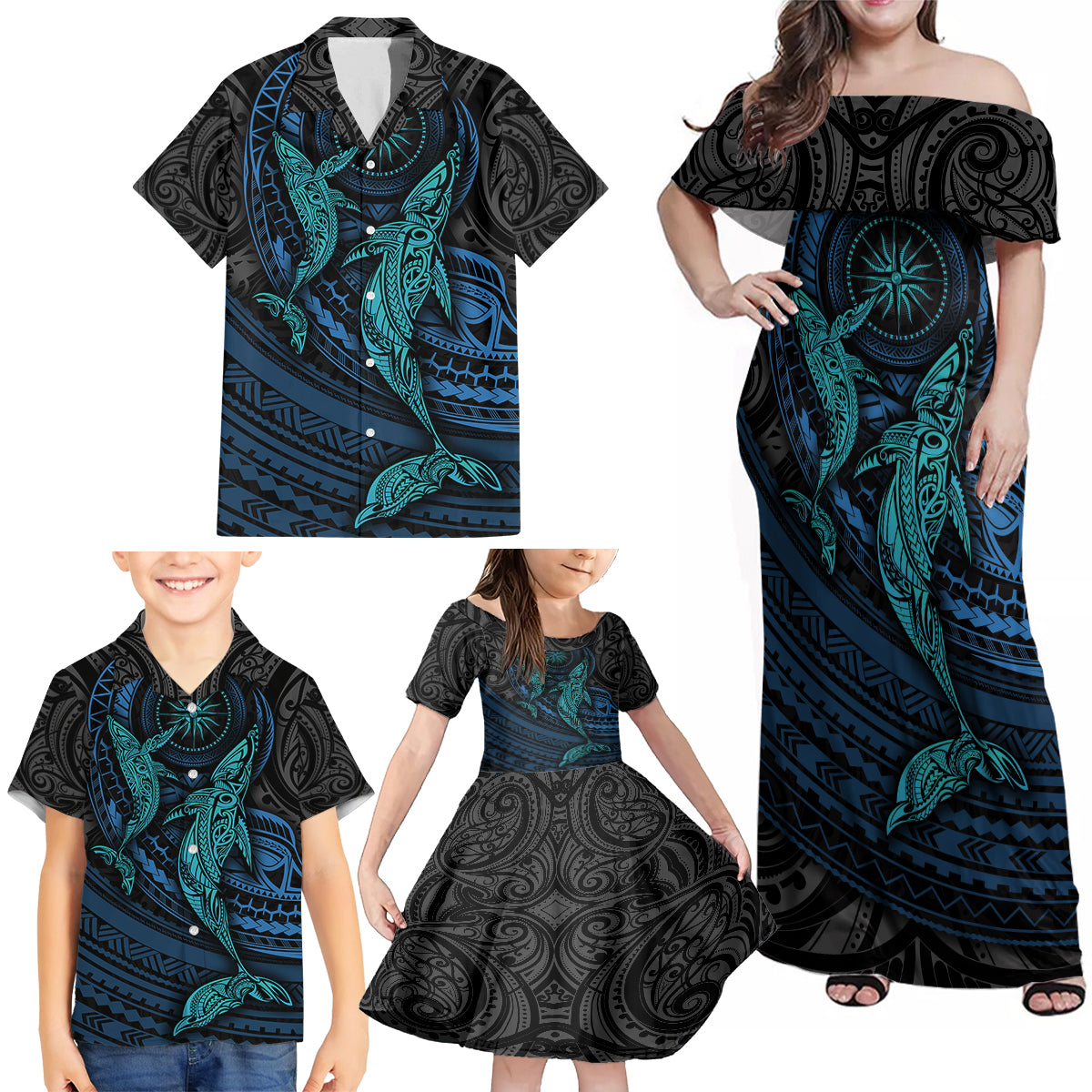 Polynesian Whale Family Matching Off Shoulder Maxi Dress and Hawaiian Shirt - Wonder Print Shop