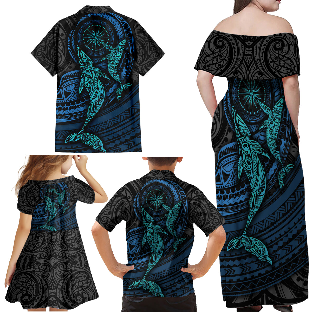 Polynesian Whale Family Matching Off Shoulder Maxi Dress and Hawaiian Shirt - Wonder Print Shop