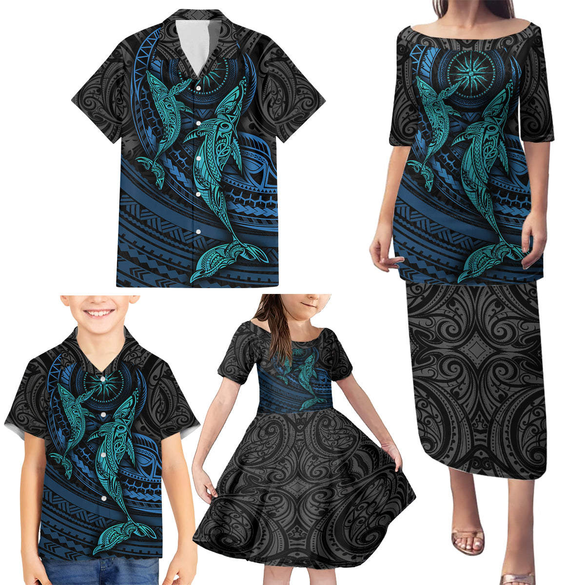 Polynesian Whale Family Matching Puletasi Dress and Hawaiian Shirt - Wonder Print Shop