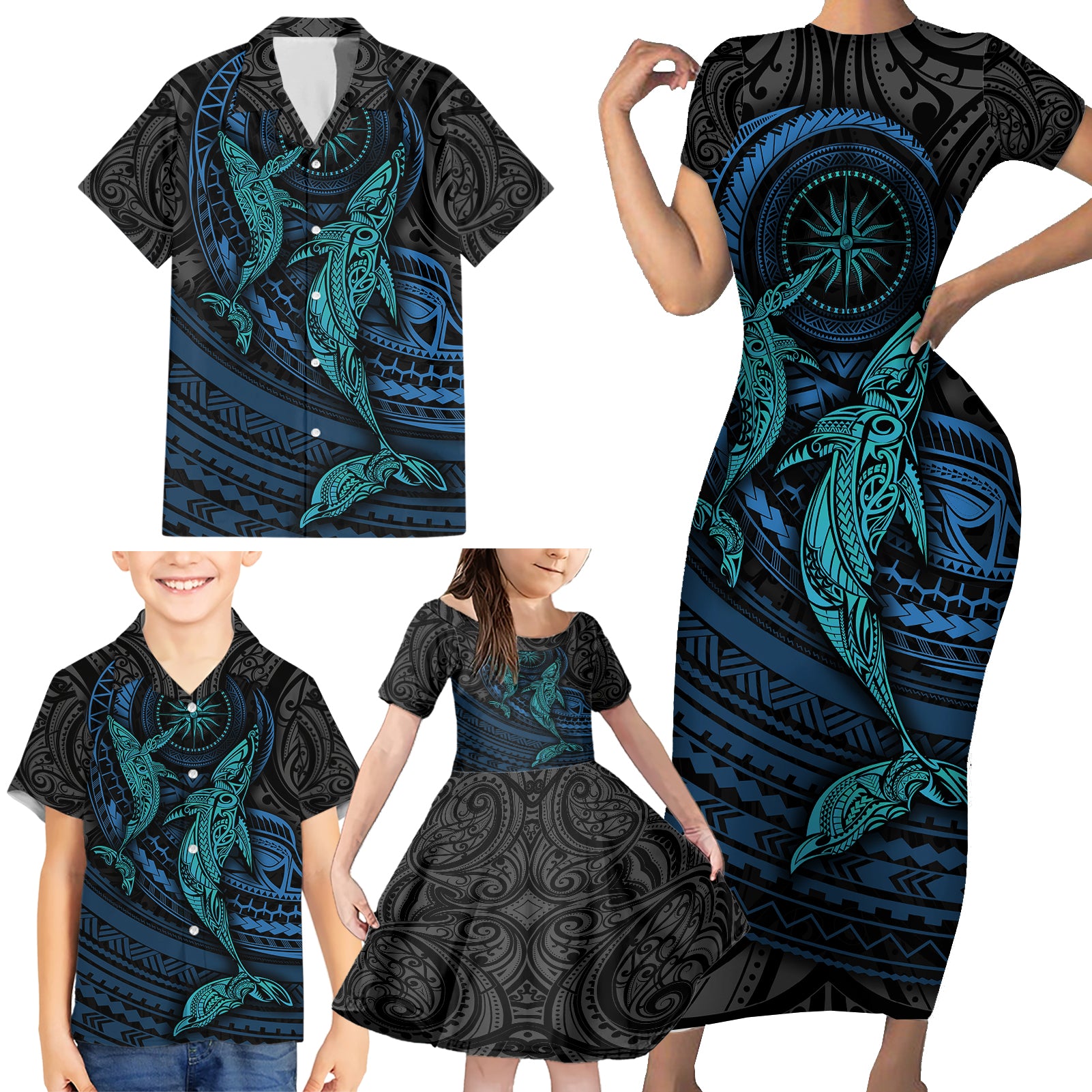 Polynesian Whale Family Matching Short Sleeve Bodycon Dress and Hawaiian Shirt - Wonder Print Shop