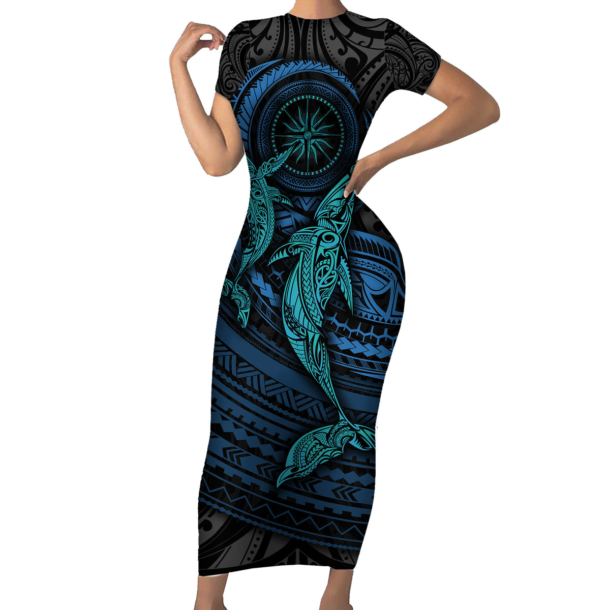 Polynesian Whale Family Matching Short Sleeve Bodycon Dress and Hawaiian Shirt - Wonder Print Shop