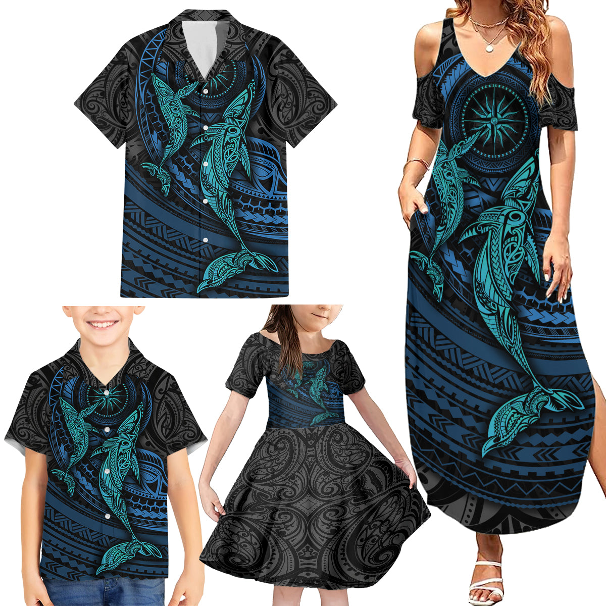 Polynesian Whale Family Matching Summer Maxi Dress and Hawaiian Shirt - Wonder Print Shop