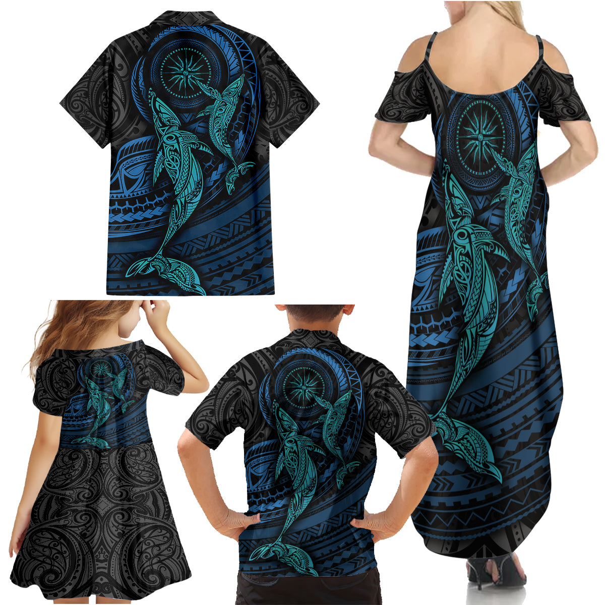 Polynesian Whale Family Matching Summer Maxi Dress and Hawaiian Shirt - Wonder Print Shop