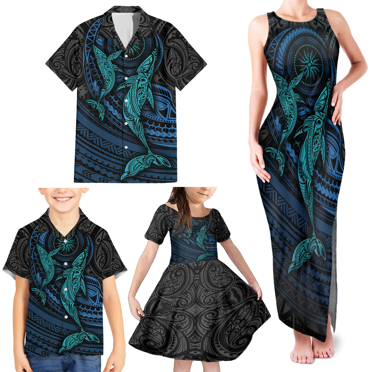 Polynesian Whale Family Matching Tank Maxi Dress and Hawaiian Shirt - Wonder Print Shop