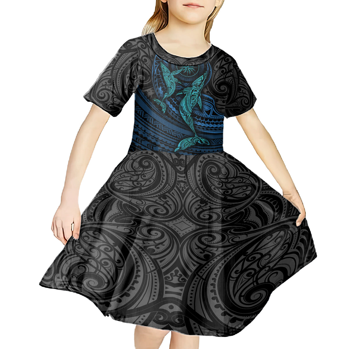 Polynesian Whale Kid Short Sleeve Dress - Wonder Print Shop