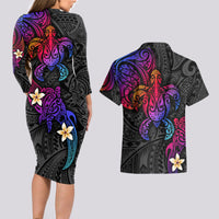 Turtle and Plumeria - Polynesian Couples Matching Long Sleeve Bodycon Dress and Hawaiian Shirt - Wonder Print Shop