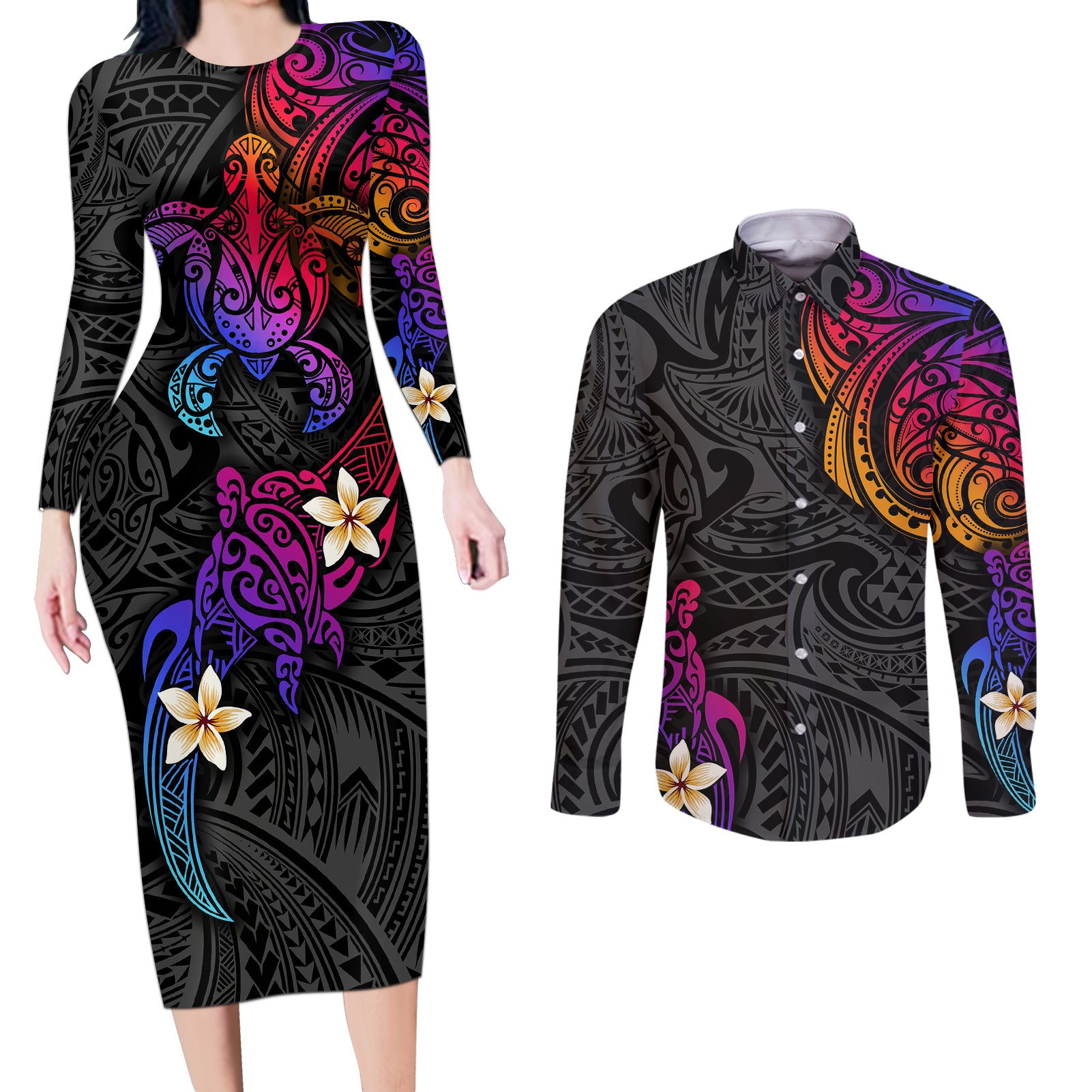 Turtle and Plumeria - Polynesian Couples Matching Long Sleeve Bodycon Dress and Long Sleeve Button Shirts - Wonder Print Shop