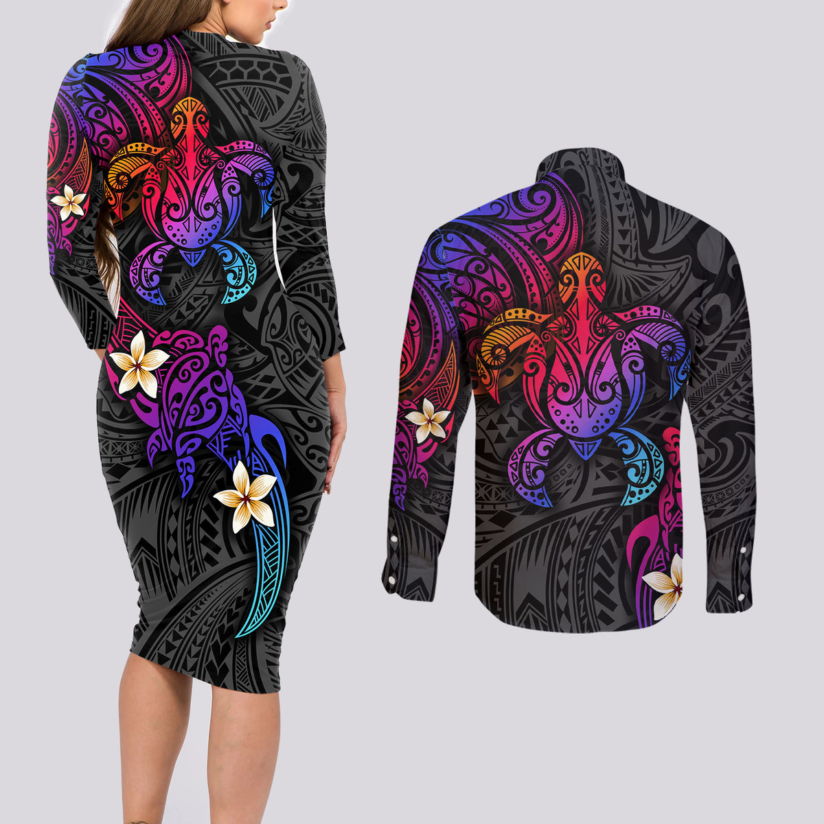 Turtle and Plumeria - Polynesian Couples Matching Long Sleeve Bodycon Dress and Long Sleeve Button Shirts - Wonder Print Shop