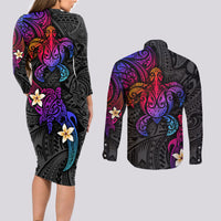 Turtle and Plumeria - Polynesian Couples Matching Long Sleeve Bodycon Dress and Long Sleeve Button Shirts - Wonder Print Shop