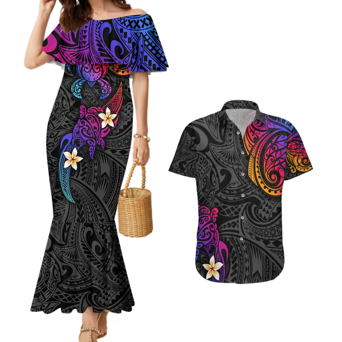Turtle and Plumeria - Polynesian Couples Matching Mermaid Dress and Hawaiian Shirt - Wonder Print Shop