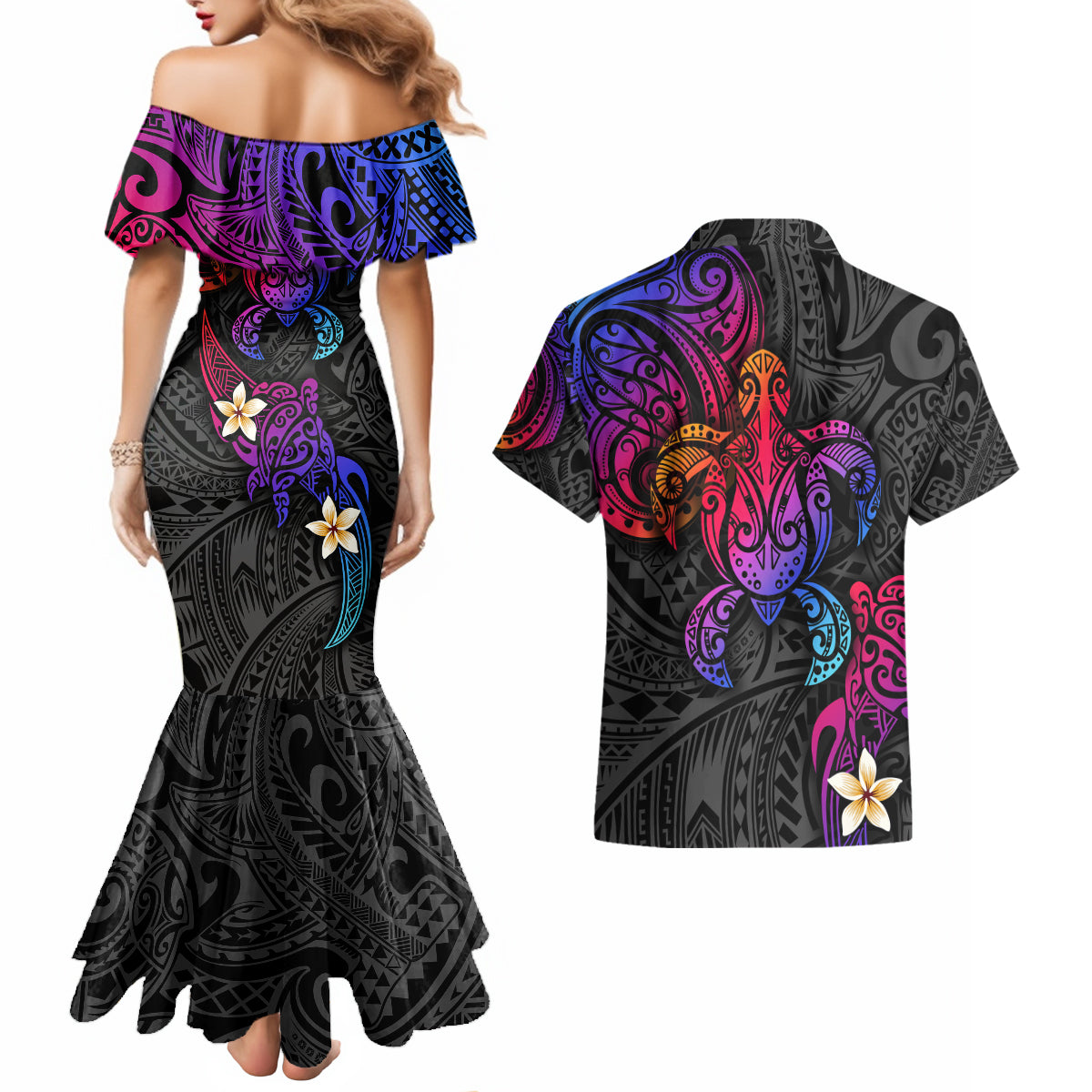Turtle and Plumeria - Polynesian Couples Matching Mermaid Dress and Hawaiian Shirt - Wonder Print Shop