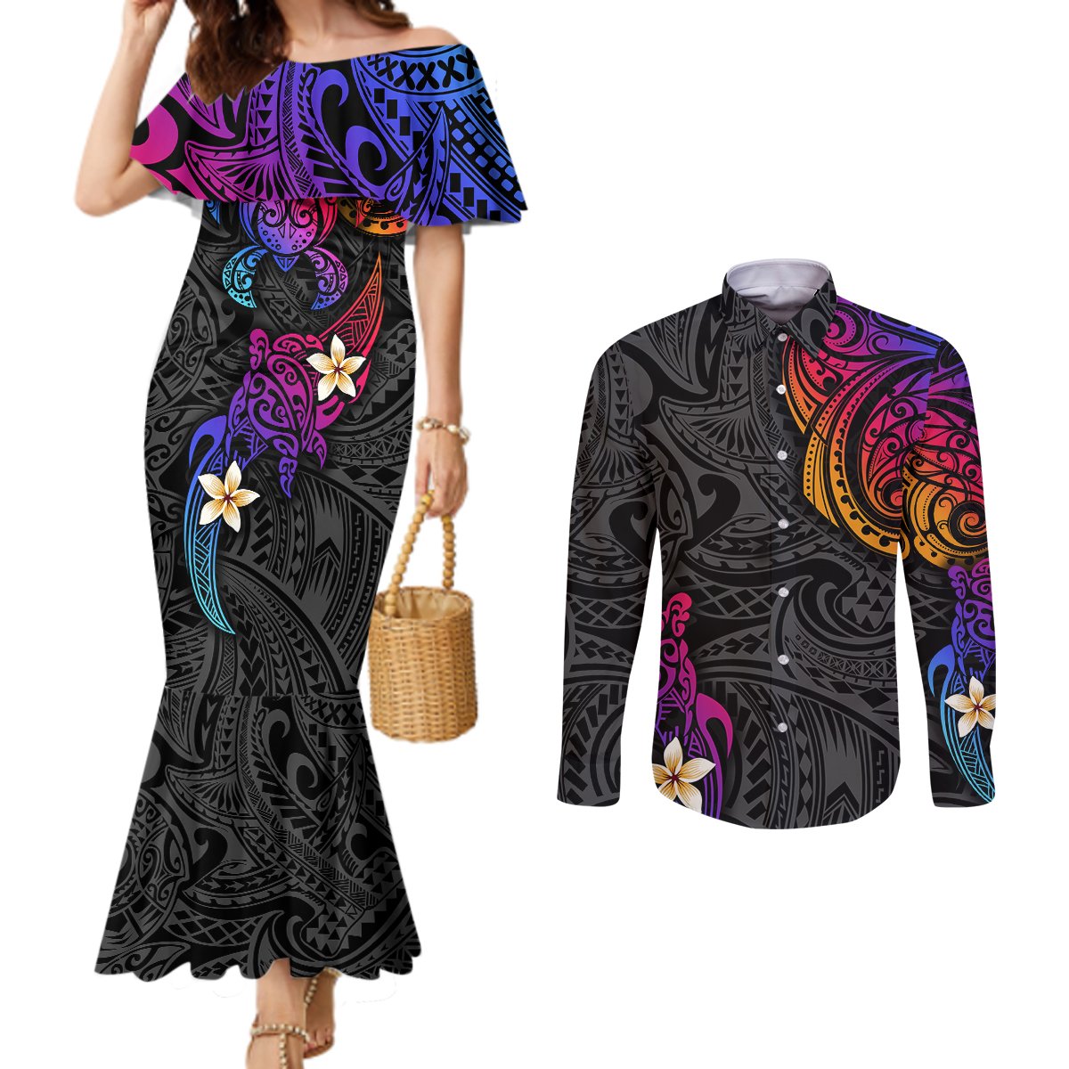 turtle-and-plumeria-polynesian-couples-matching-mermaid-dress-and-long-sleeve-button-shirts