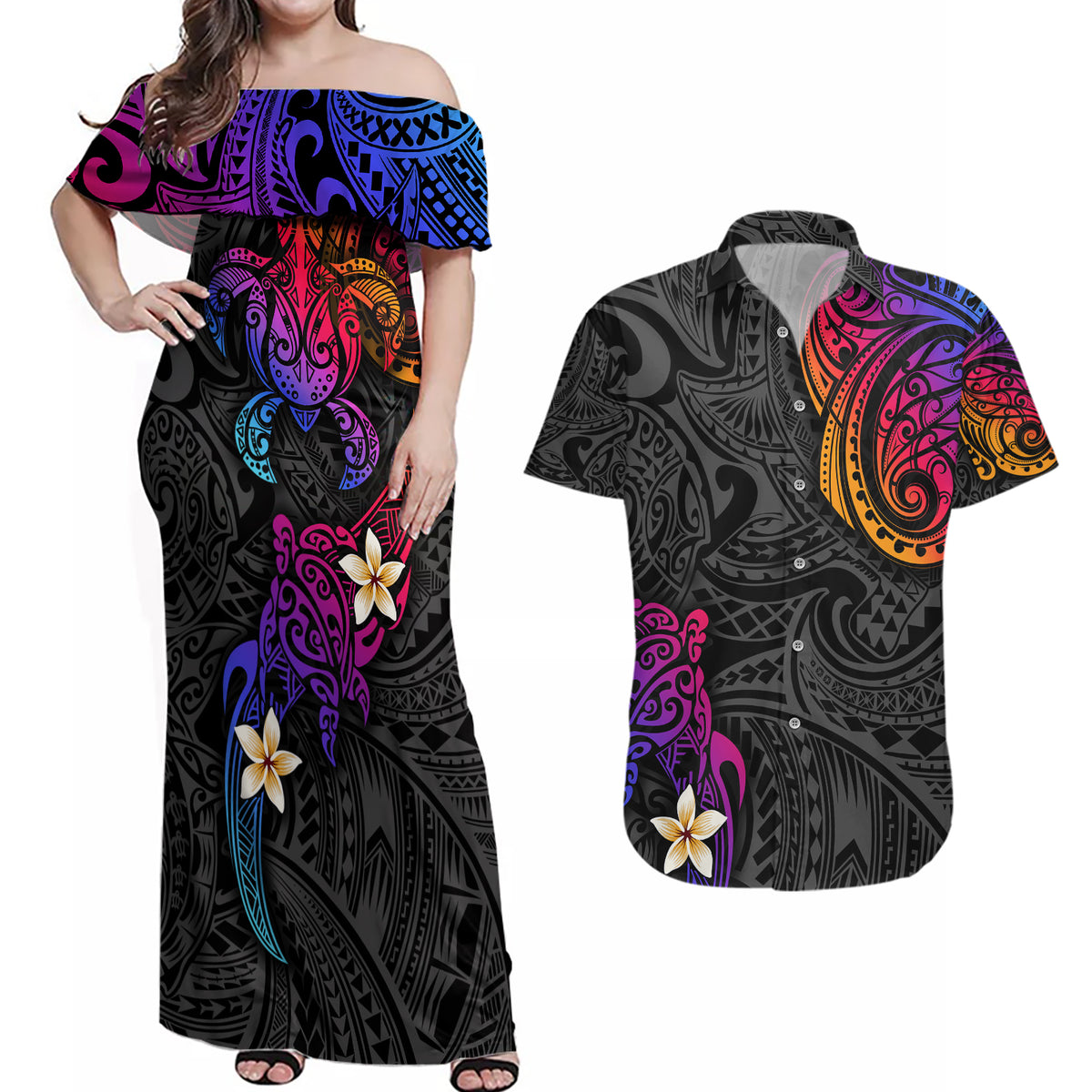 Turtle and Plumeria - Polynesian Couples Matching Off Shoulder Maxi Dress and Hawaiian Shirt - Wonder Print Shop
