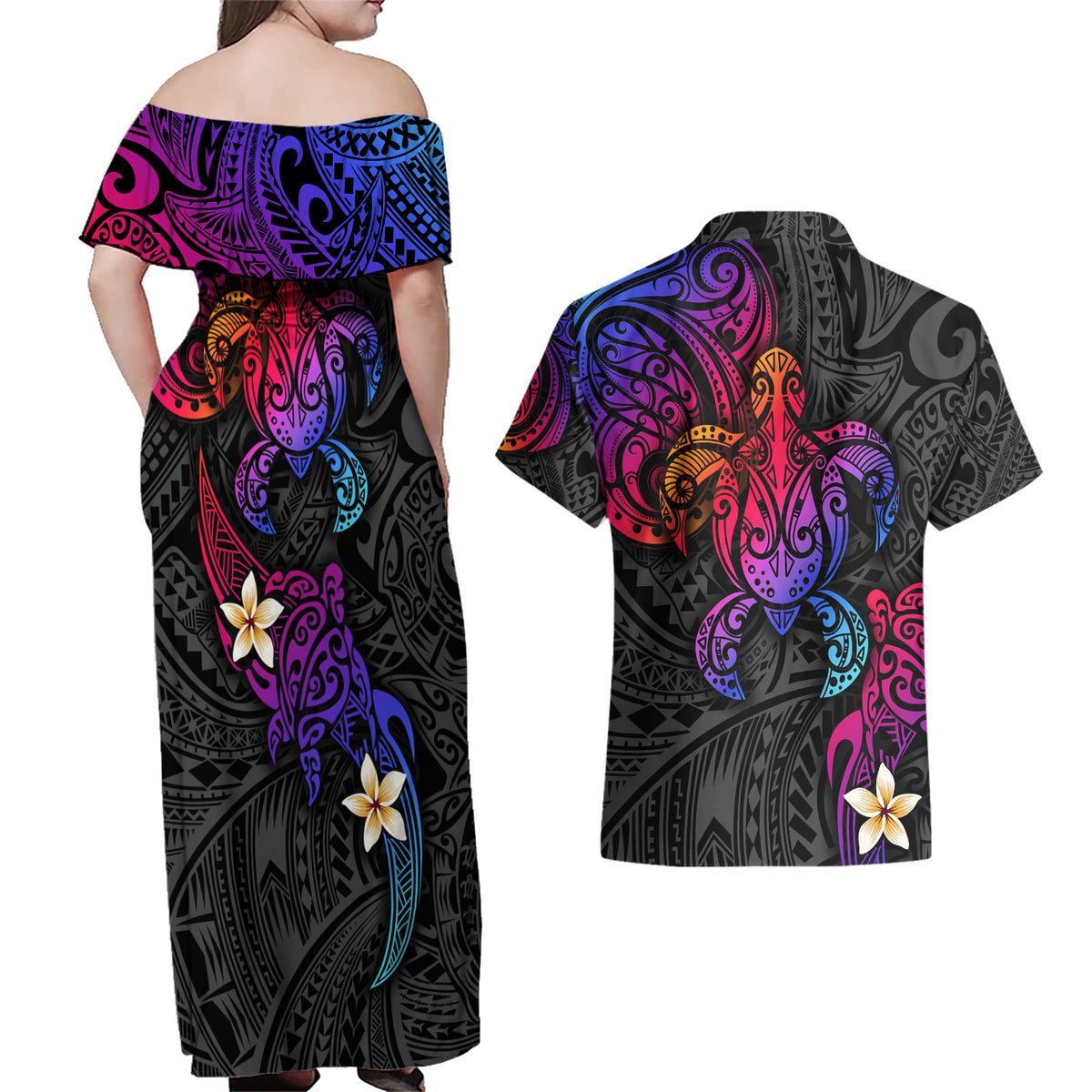 Turtle and Plumeria - Polynesian Couples Matching Off Shoulder Maxi Dress and Hawaiian Shirt - Wonder Print Shop