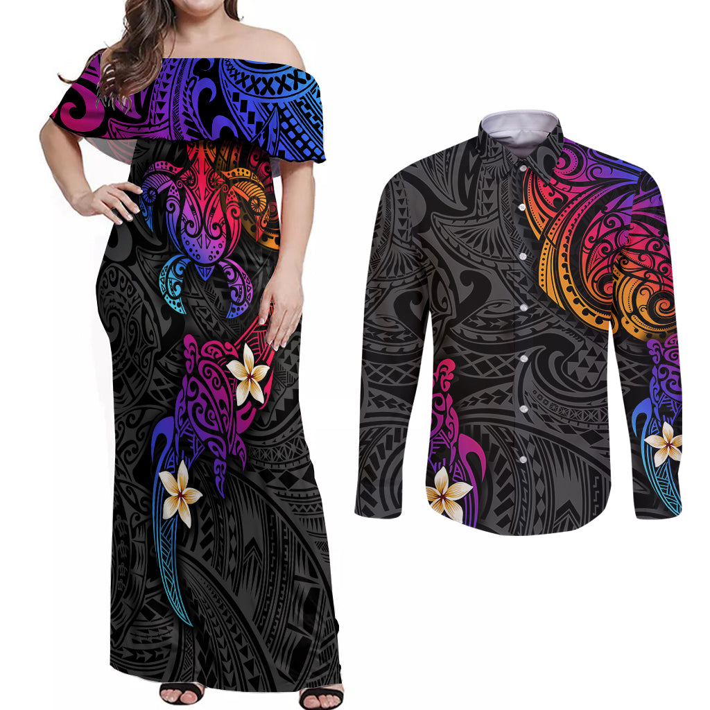 Turtle and Plumeria - Polynesian Couples Matching Off Shoulder Maxi Dress and Long Sleeve Button Shirts - Wonder Print Shop