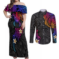 Turtle and Plumeria - Polynesian Couples Matching Off Shoulder Maxi Dress and Long Sleeve Button Shirts - Wonder Print Shop