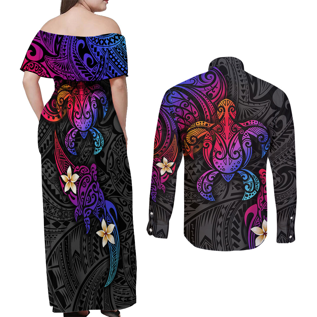 Turtle and Plumeria - Polynesian Couples Matching Off Shoulder Maxi Dress and Long Sleeve Button Shirts - Wonder Print Shop