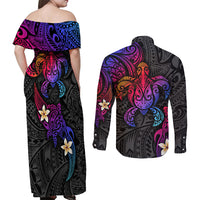 Turtle and Plumeria - Polynesian Couples Matching Off Shoulder Maxi Dress and Long Sleeve Button Shirts - Wonder Print Shop