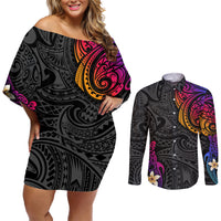 Turtle and Plumeria - Polynesian Couples Matching Off Shoulder Short Dress and Long Sleeve Button Shirts - Wonder Print Shop