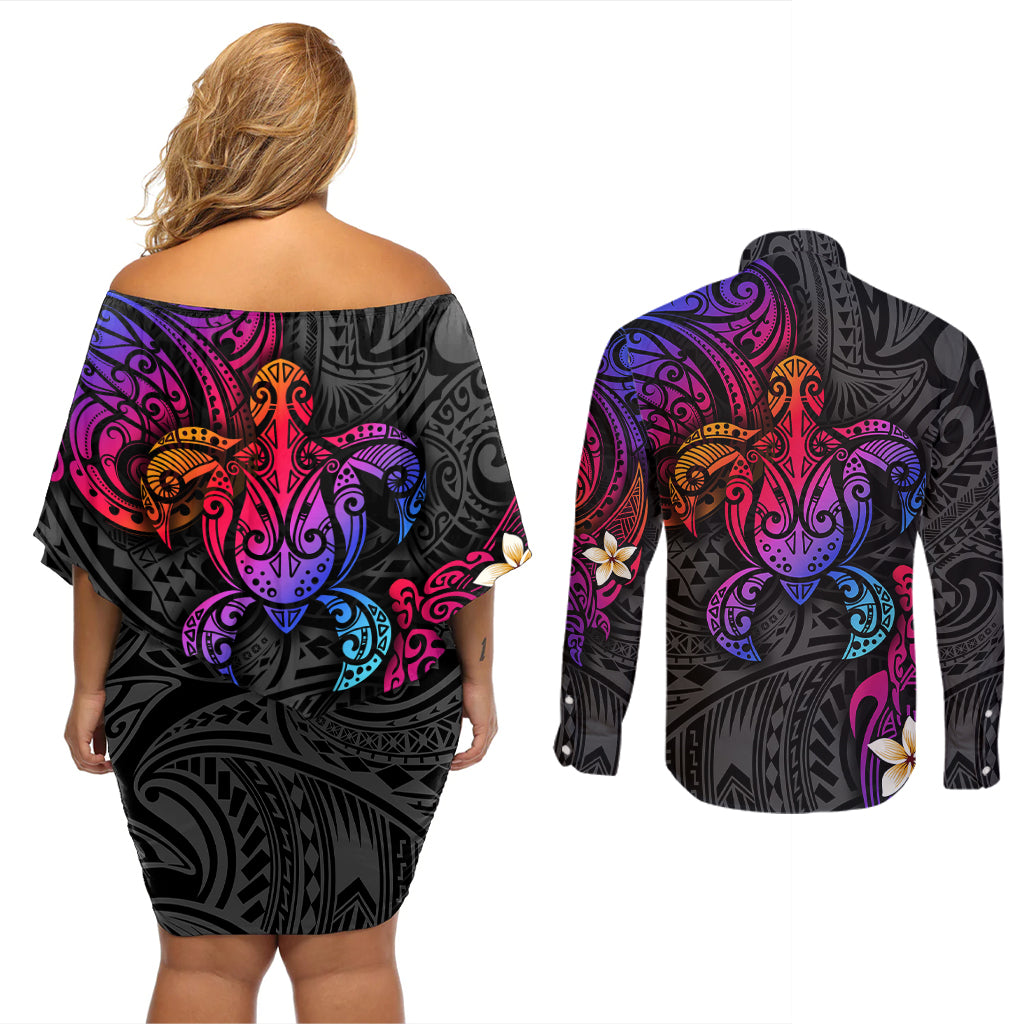 Turtle and Plumeria - Polynesian Couples Matching Off Shoulder Short Dress and Long Sleeve Button Shirts - Wonder Print Shop