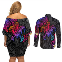 Turtle and Plumeria - Polynesian Couples Matching Off Shoulder Short Dress and Long Sleeve Button Shirts - Wonder Print Shop