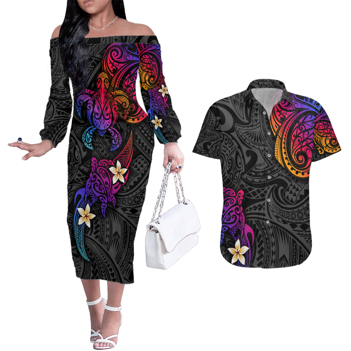 Turtle and Plumeria - Polynesian Couples Matching Off The Shoulder Long Sleeve Dress and Hawaiian Shirt - Wonder Print Shop